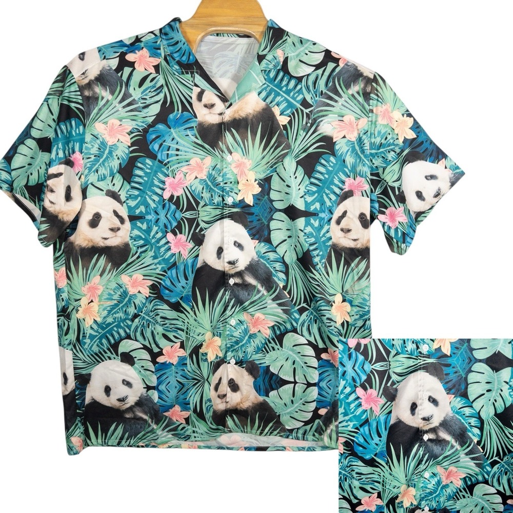 Panda Bear Hawaiian‎ Shirt Mens XXL See Measurements Hand Made Resortwear Beach